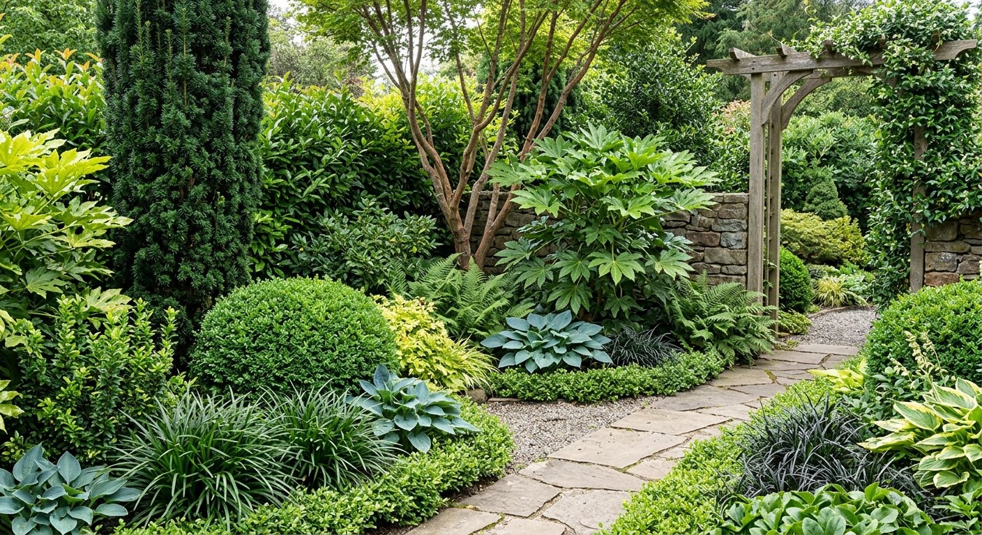 Landscaped garden with foliage and ornamental plants along a stone path