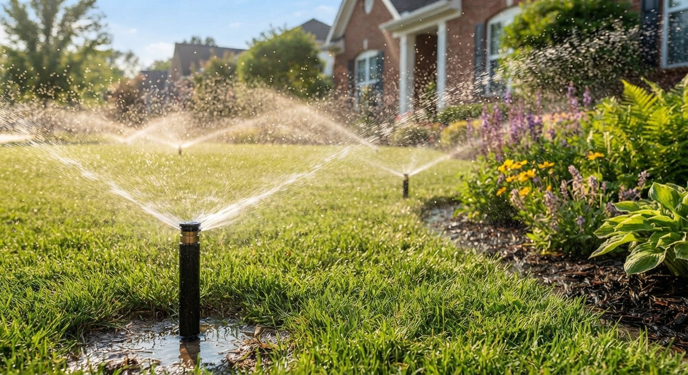 Pop-up sprinklers watering a home lawn and flower bed