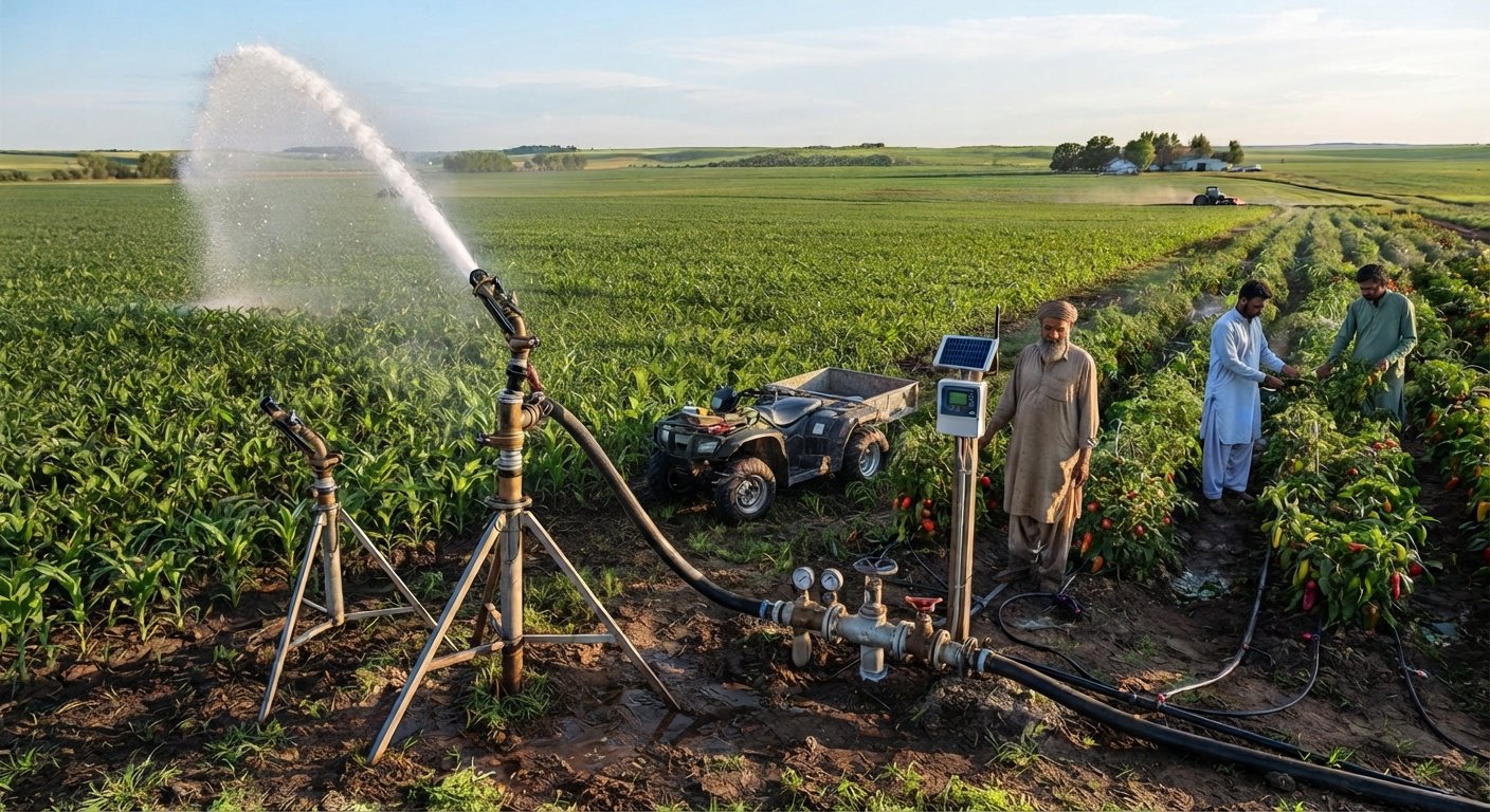 Irrigation team checking pressure gauges and the solar controller in the field