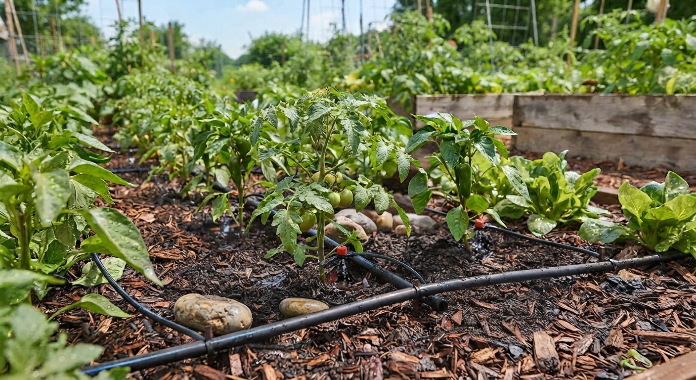 Drip irrigation lines watering vegetable beds at the root zone