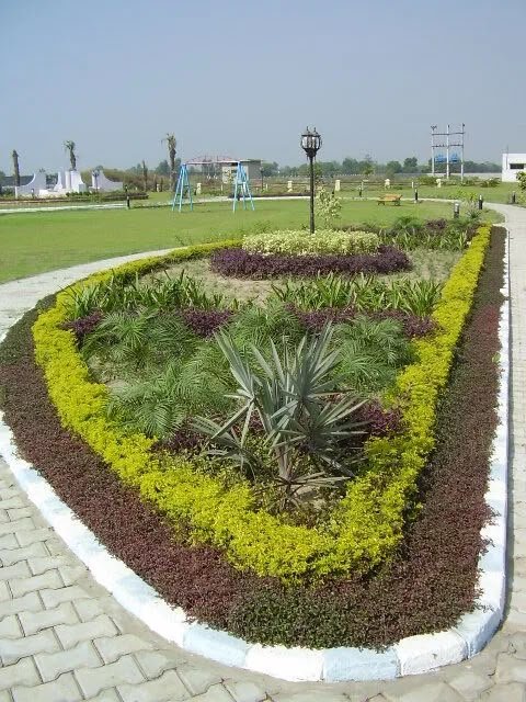 Landscaped flower and foliage bed in a planted garden