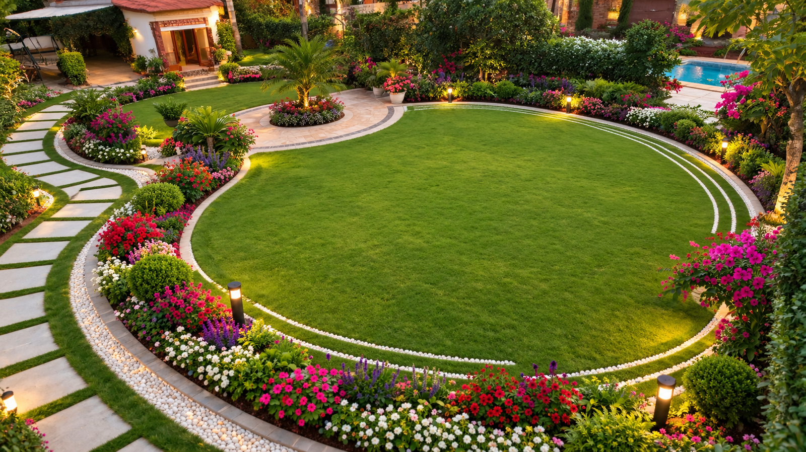 Home garden design with circular lawn and flower borders