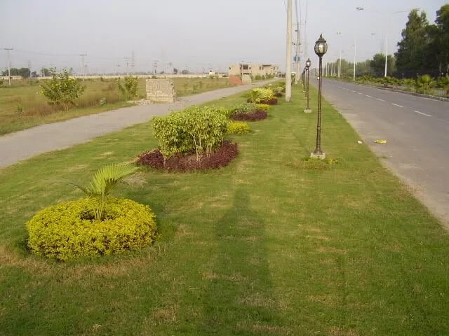 Seasonal ornamental beds planted along a lawn and road